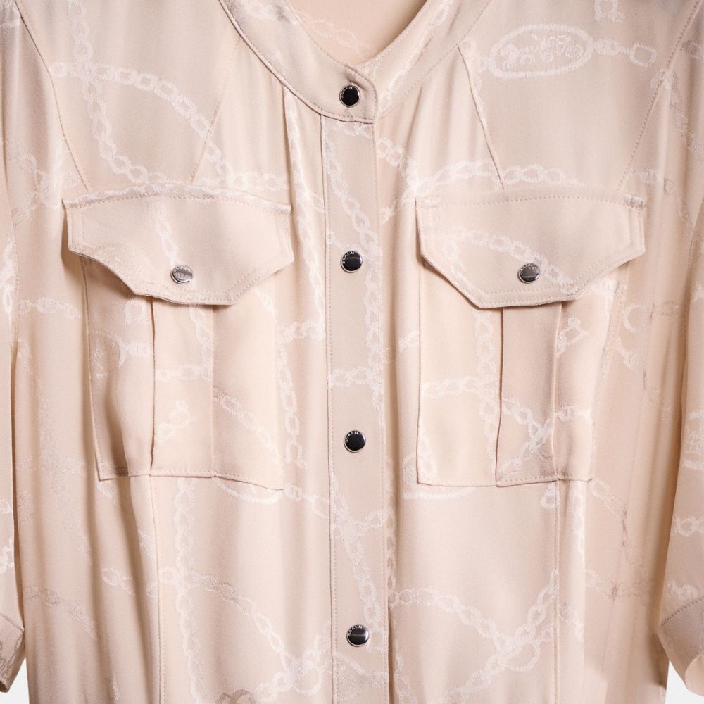 COACH®,Restored Jacquard Snap Front Dress,Polyester,A-Line,Shirt Dress,Tie Belt,Casual,Beige,Scale View