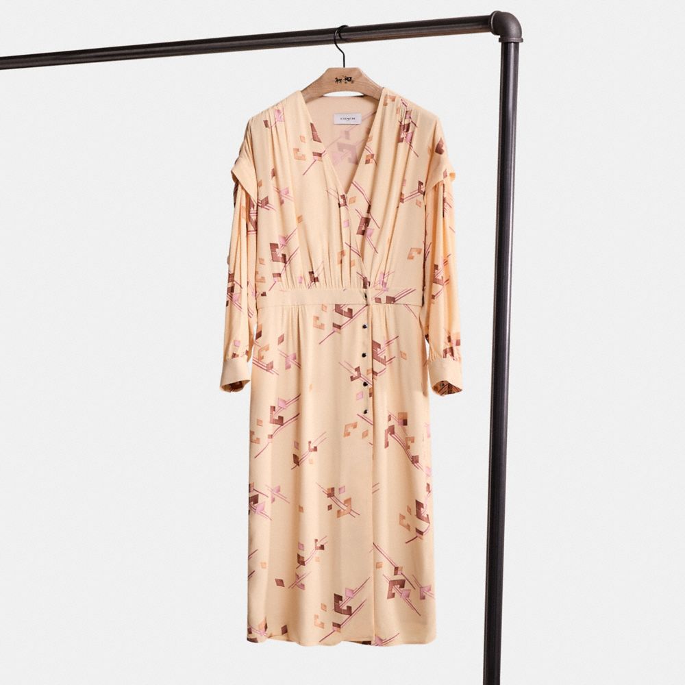 COACH®,Restored Crepe Draped Midi Dress,Rayon,Viscose,A-Line,Wrap Dress,Pleats,Ruched,Day Party,Beige,Front View