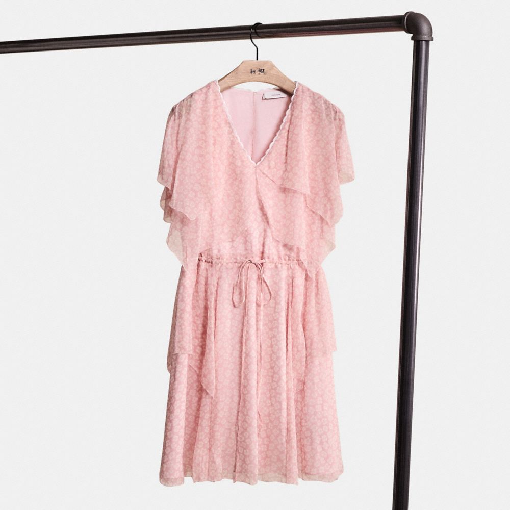 COACH®,Restored Mini Viscose Party Dress,A-Line,Elastic Waist,Drawstring,Layered,Ruffles,Scallop,Frills,Day Party,Pink,Front View