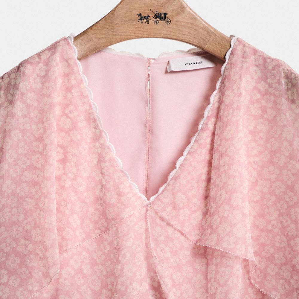 COACH®,Restored Mini Viscose Party Dress,A-Line,Elastic Waist,Drawstring,Layered,Ruffles,Scallop,Frills,Day Party,Pink,Scale View