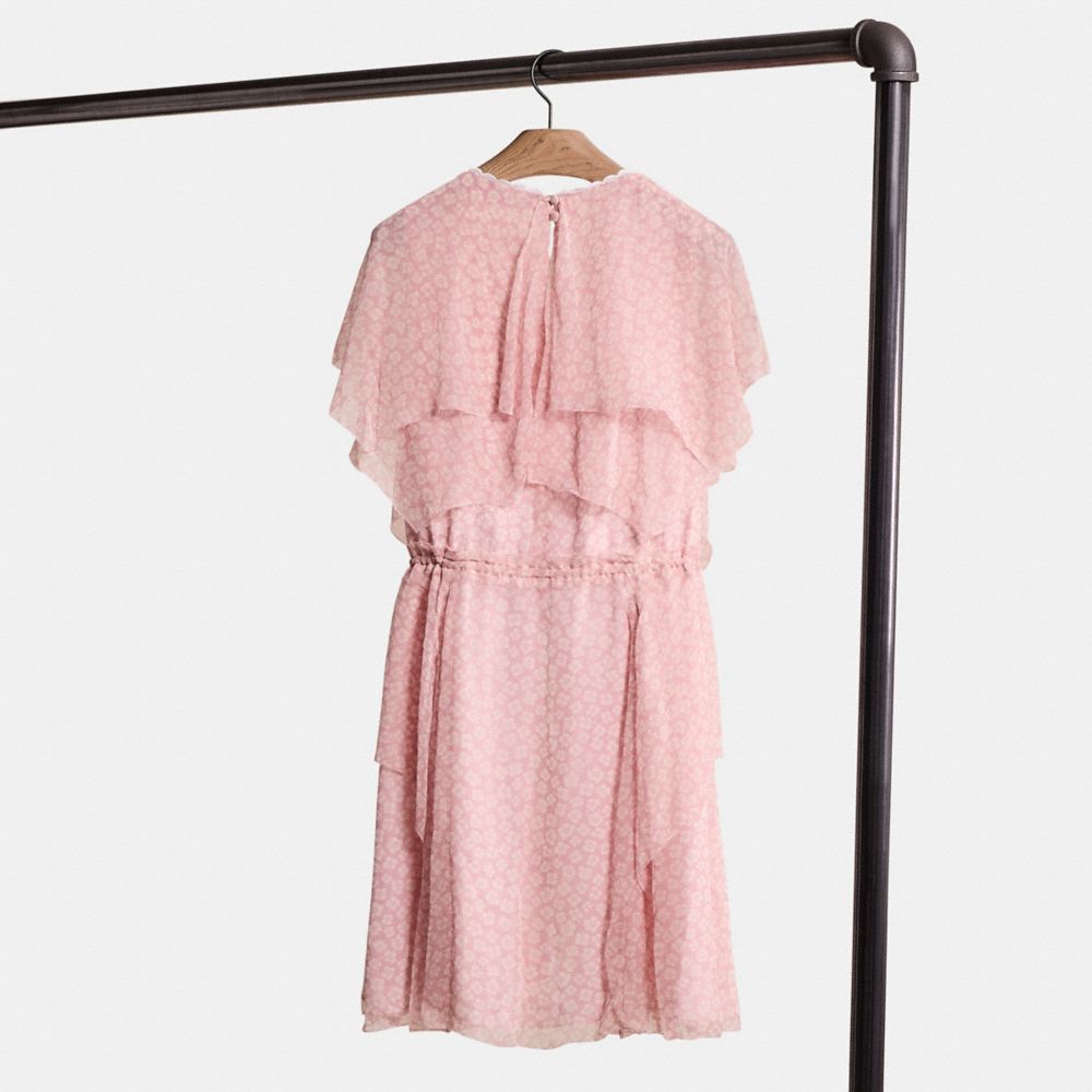 COACH®,Restored Mini Viscose Party Dress,A-Line,Elastic Waist,Drawstring,Layered,Ruffles,Scallop,Frills,Day Party,Pink,Back View