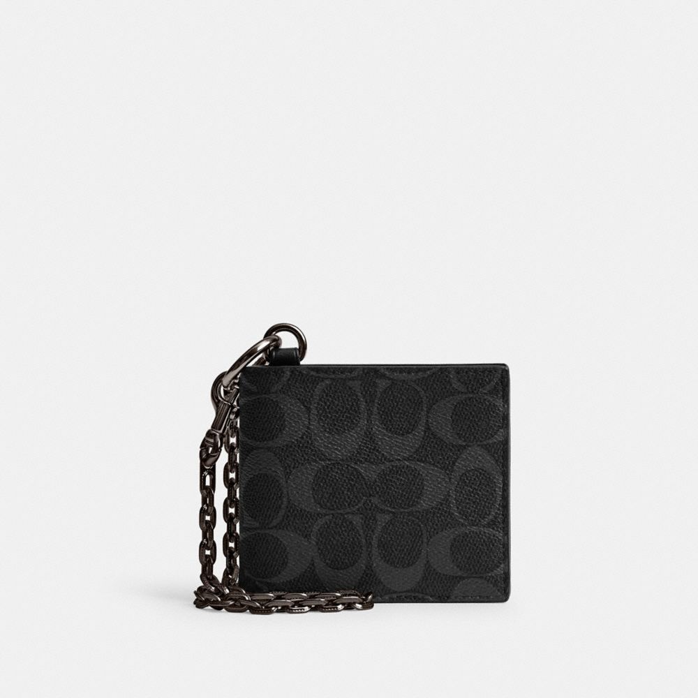 COACH®,Billfold Wallet With Chain In Signature Canvas,Canvas,Calfskin Leather,Bi Fold,Pouch,Chain Detail,Key Ring,Casual,Black,Front View