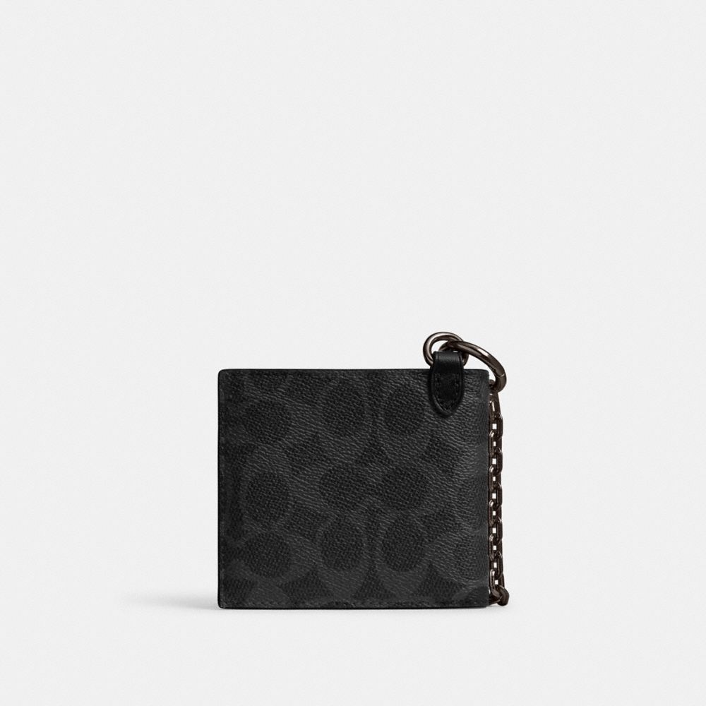 COACH®,Billfold Wallet With Chain In Signature Canvas,Canvas,Calfskin Leather,Bi Fold,Pouch,Chain Detail,Key Ring,Casual,Black,Back View