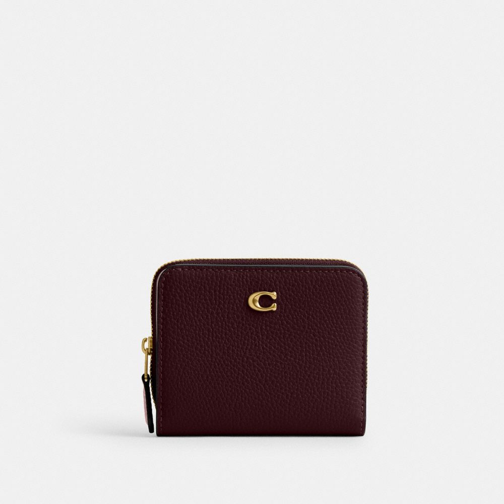 COACH®,Essential Billfold Wallet In Colorblock,Leather,Bi Fold,Logo,Metal,Casual,Maroon,Front View