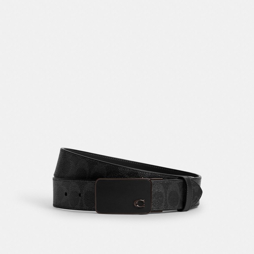 COACH®,Signature Plaque Buckle Cut-To-Size Reversible Belt, 38 Mm,Canvas,Leather,Standard,Day Party,Black,Front View