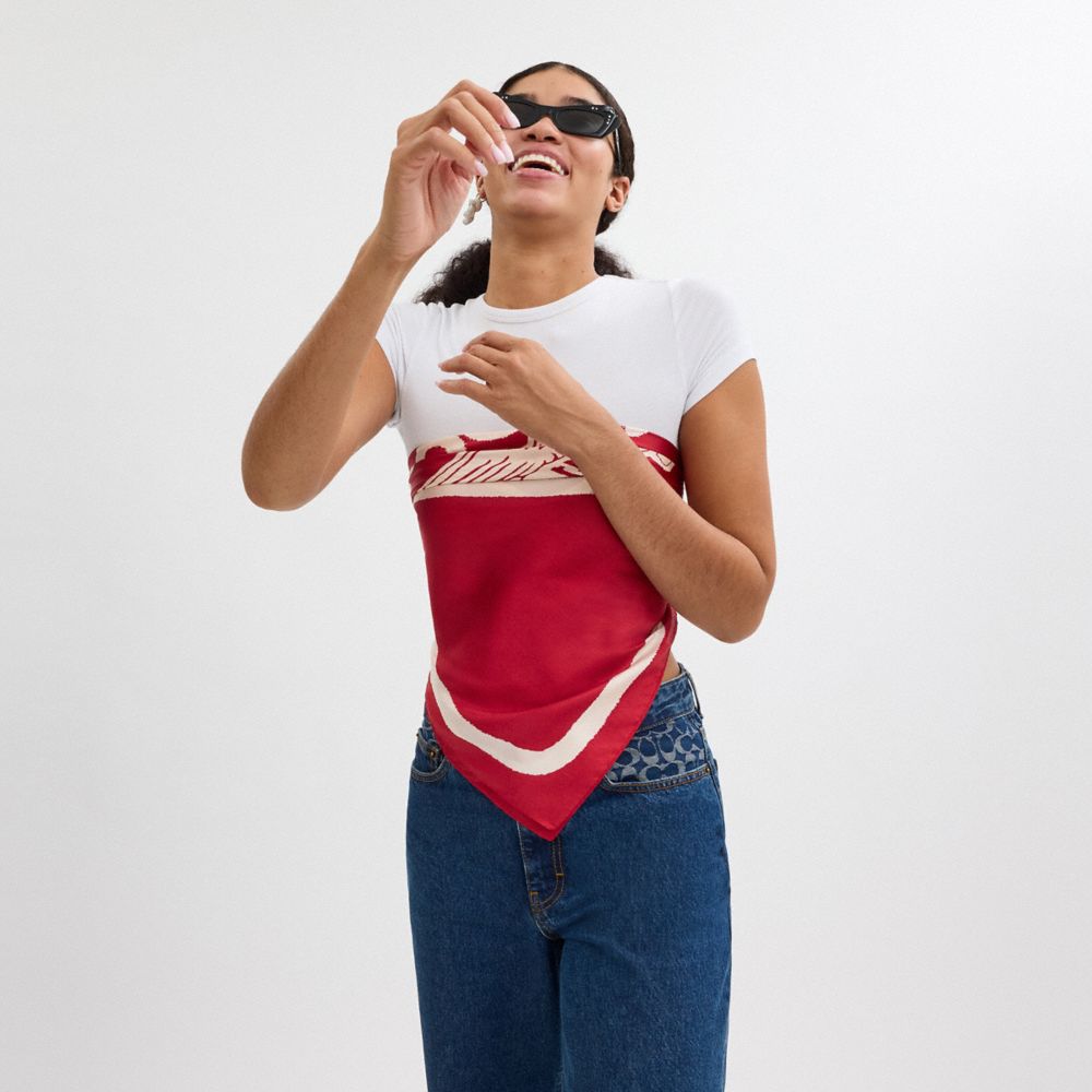 COACH®,Pegasus Print Silk Square Scarf,Silk,Bandana,Piping,Casual,Red,Detail View