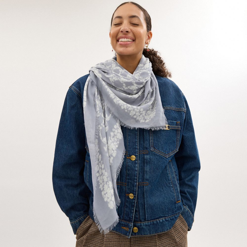 COACH®,Signature Rose Meadow Print Oversized Square Scarf,Modal,Square,Frayed,Pattern,Casual,Gray,Detail View