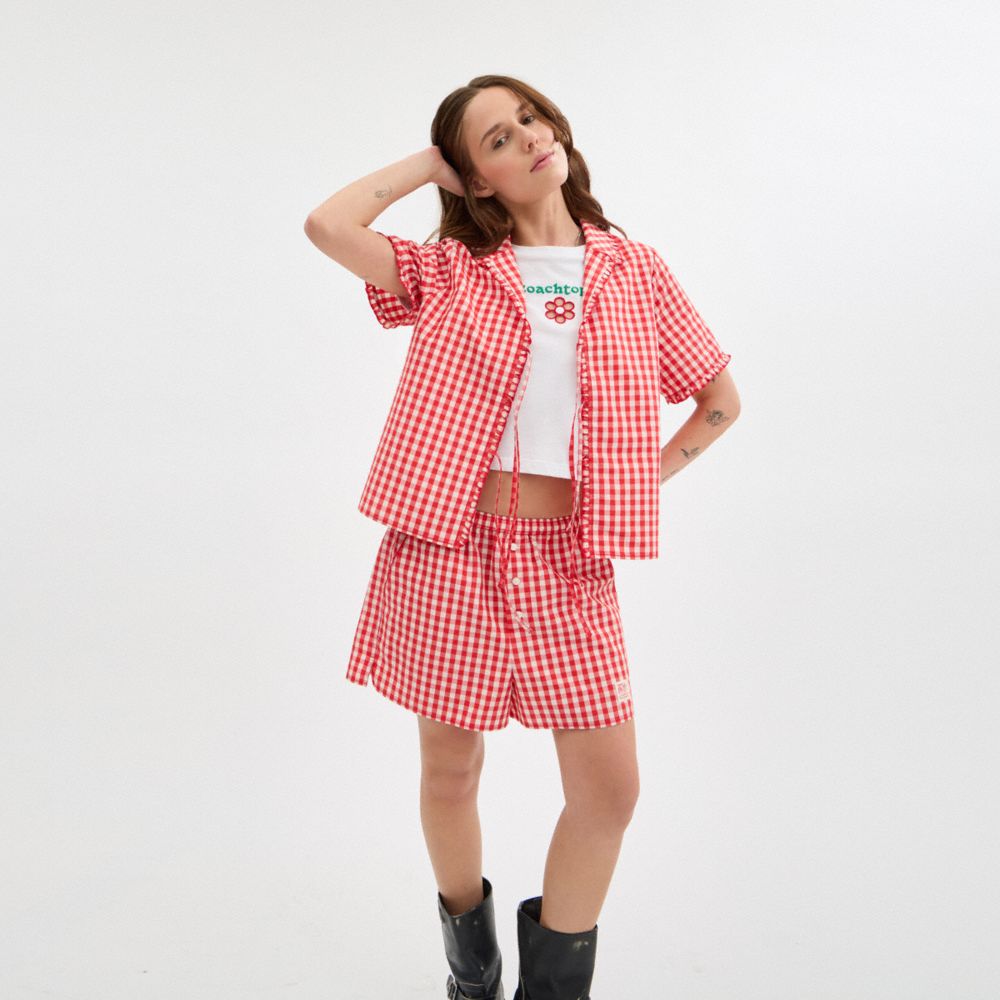 COACH®,Coachtopia Loop Gingham Tie-Front Shirt,Recycled Polyester,Frills,Tie Belt,Casual,Multi Color,Scale View