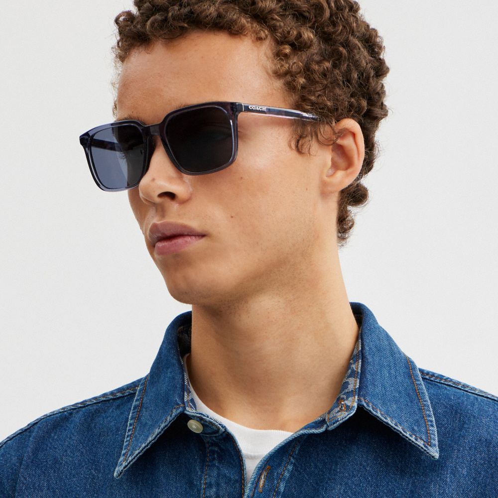 COACH®,Thin Square Sunglasses,Square,Logo,Word Embellishment,Metal,Casual,Black,Angle View