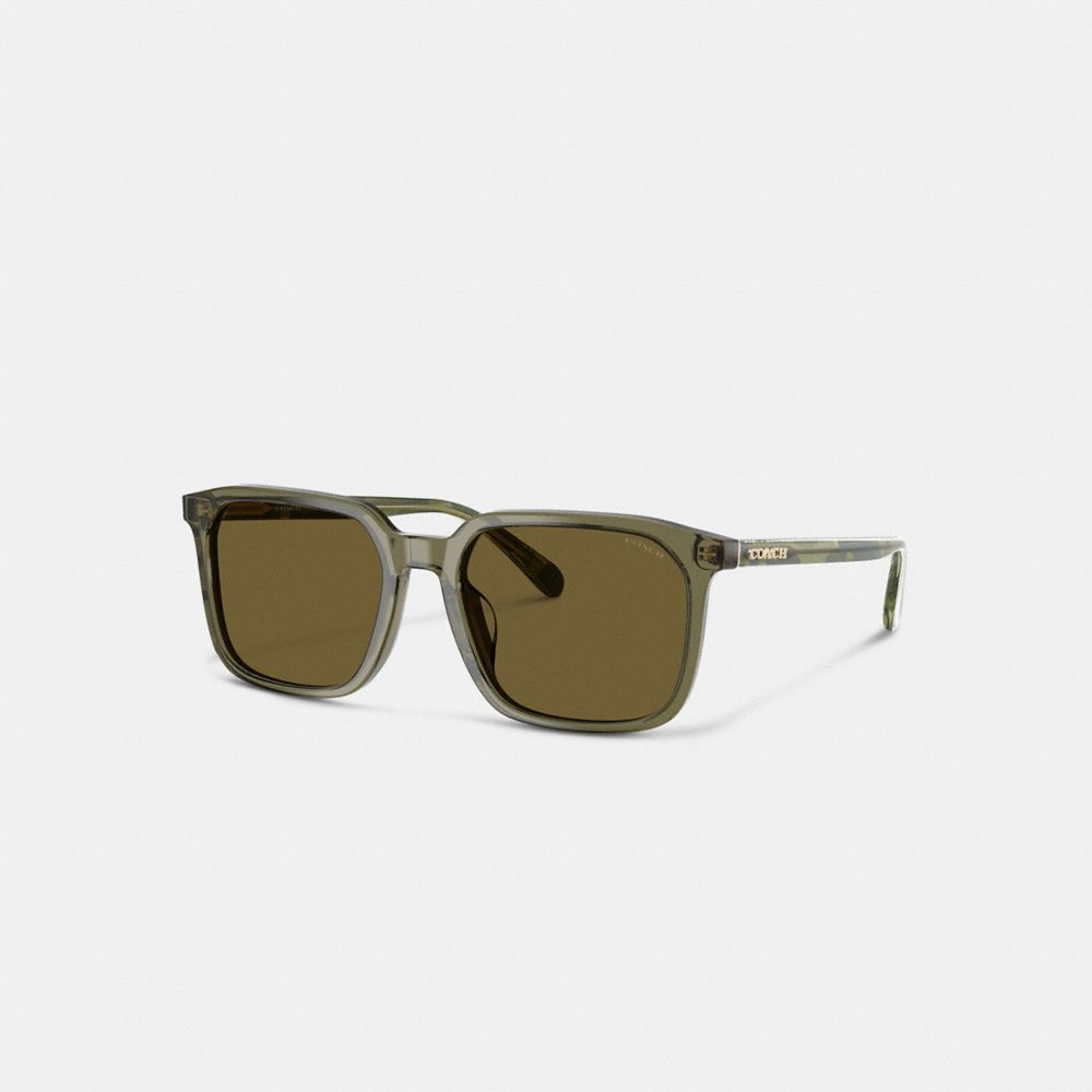 COACH®,Thin Square Sunglasses,Square,Logo,Word Embellishment,Metal,Casual,Olive,Front View
