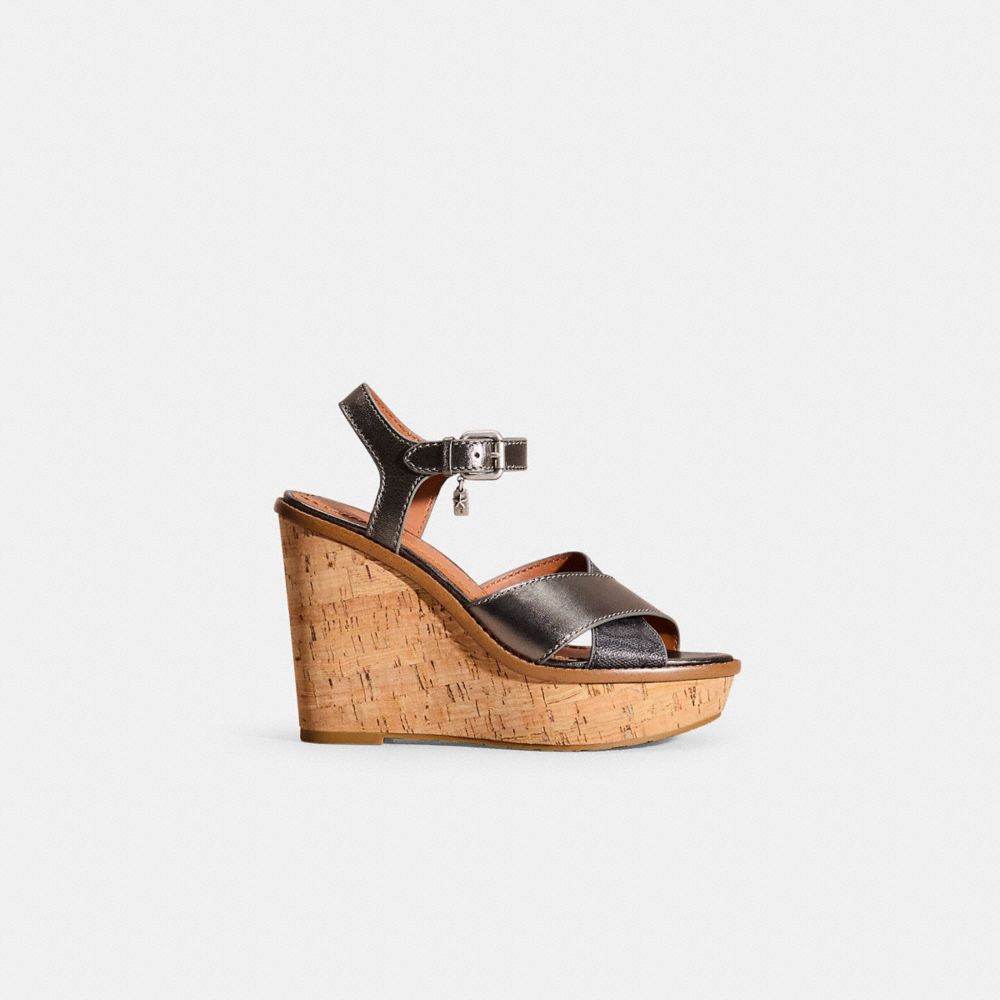 COACH®,Restored Cross Band High Wedge Sandal,Canvas,Leather,Lining Leather,Rubber,Sandals,Stitching,Day Party,Brown,Front View