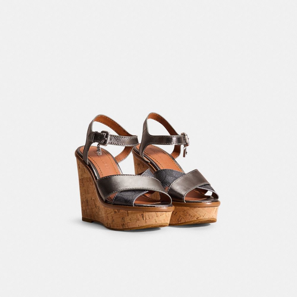 COACH®,Restored Cross Band High Wedge Sandal,Canvas,Leather,Lining Leather,Rubber,Sandals,Stitching,Day Party,Brown,Angle View