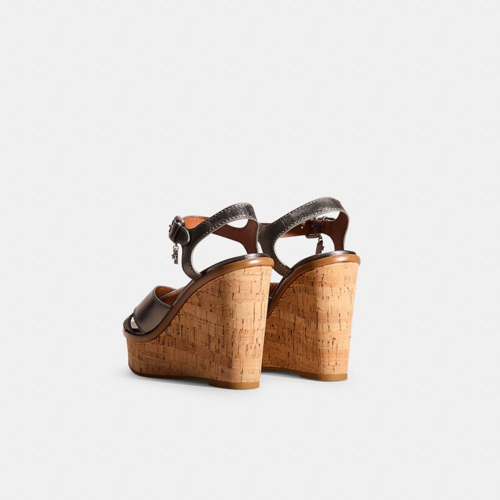 COACH®,Restored Cross Band High Wedge Sandal,Canvas,Leather,Lining Leather,Rubber,Sandals,Stitching,Day Party,Brown,Back View