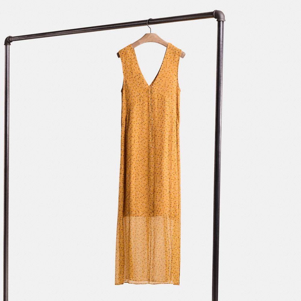 COACH®,Restored Sleeveless Dot Print V Neck Dress,Silk,A-Line,Sheer,Day Party,Mustard,Back View