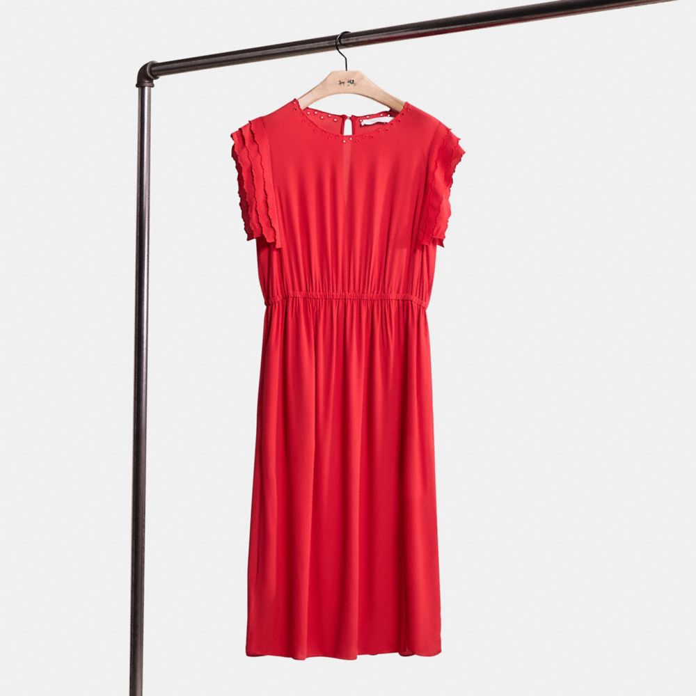 COACH®,Restored Shoulder Pleat Midi Dress,Red,Front View