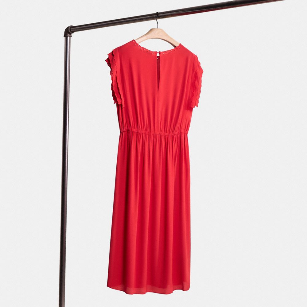 COACH®,Restored Shoulder Pleat Midi Dress,Red,Back View