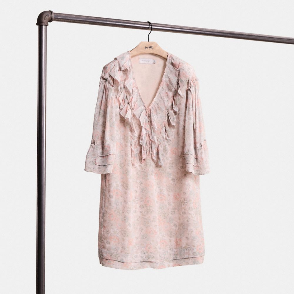 COACH®,Short Glam Rock Prairie Dress With Ruffles,Viscose,A-Line,Shift,Frills,Pleats,Ruffles,Day Party,Multi Color,Front View