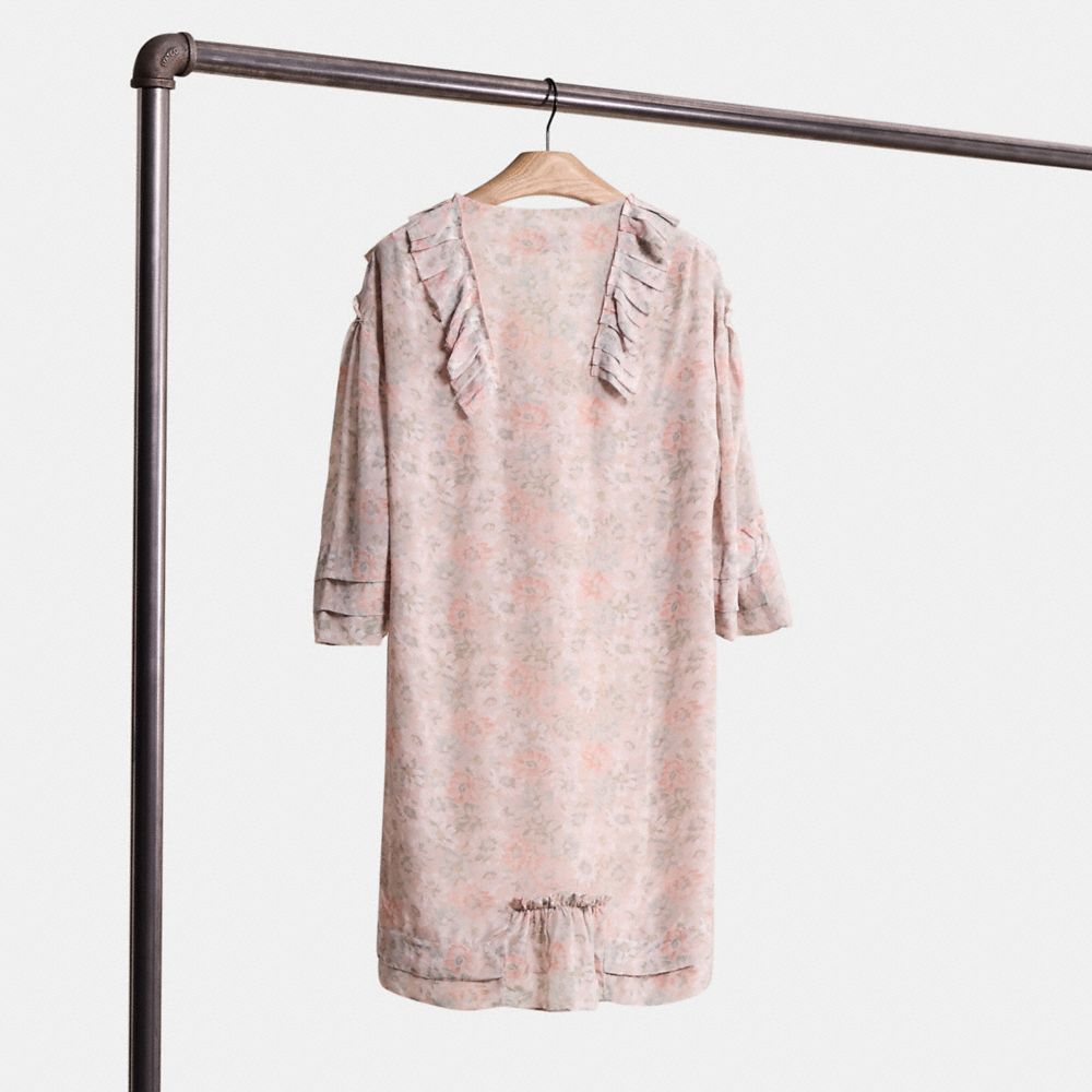 COACH®,Short Glam Rock Prairie Dress With Ruffles,Viscose,A-Line,Shift,Frills,Pleats,Ruffles,Day Party,Multi Color,Back View