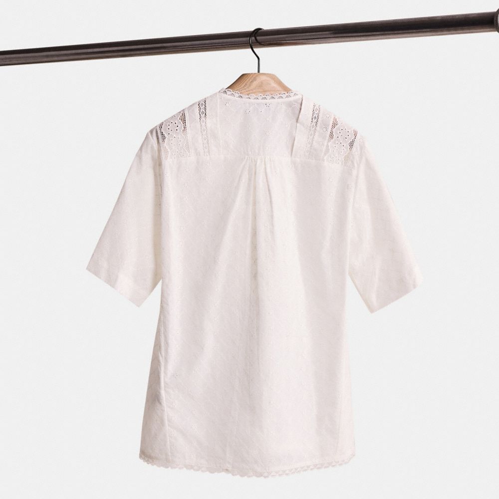 COACH®,Restored Broderie Anglaise Top,Lace,Cotton,Blouse,Eyelash Trim,Lace Embellishment,Eyelet,Sheer,Day Party,White,Back View