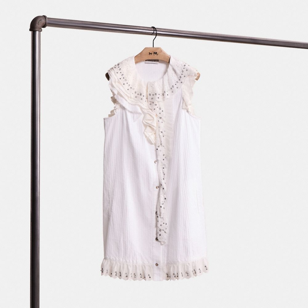 COACH®,Restored Ruffle Prairie Mini Dress With Studs,White,Front View