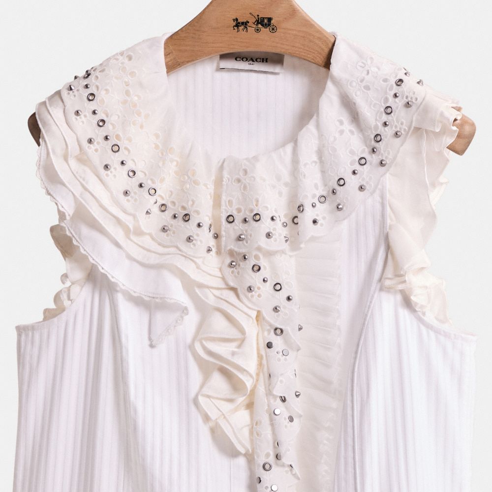 COACH®,Restored Ruffle Prairie Mini Dress With Studs,White,Scale View