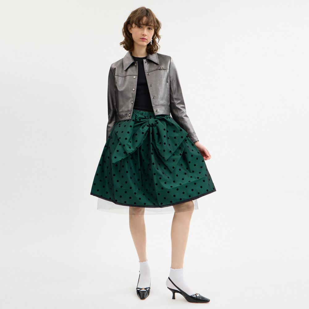 COACH®,Flocked Taffeta Skirt,Polyester,Polyamide,Silk,Tutu,Piping,Tulle Details,Bow,Cocktail,Emerald,Scale View