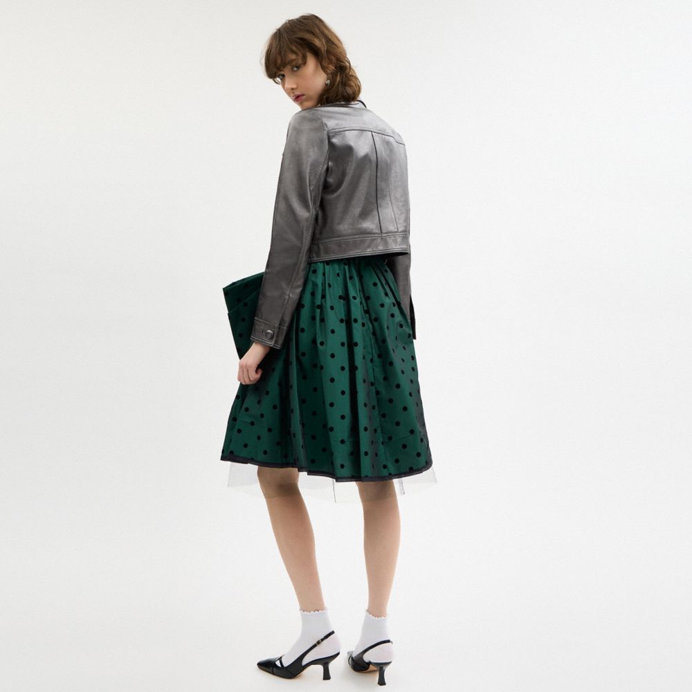 COACH®,Flocked Taffeta Skirt,Polyester,Polyamide,Silk,Tutu,Piping,Tulle Details,Bow,Cocktail,Emerald,Scale View