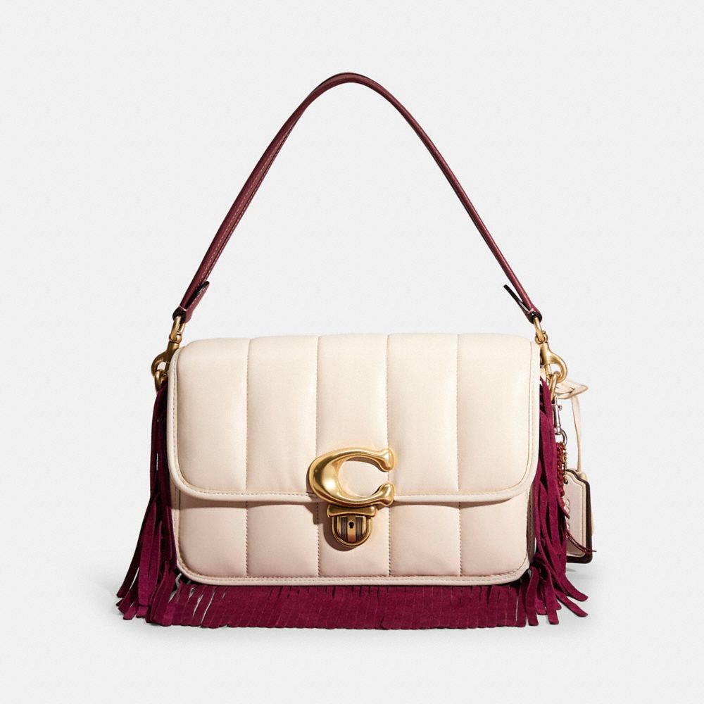 COACH®,Upcrafted Studio Shoulder Bag With Quilting,Leather,Shoulder Bag,Metal,Fringe,Logo,Day Party,Cream,Front View