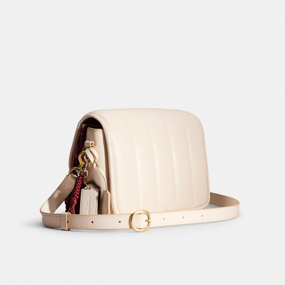 COACH®,Upcrafted Studio Shoulder Bag With Quilting,Leather,Shoulder Bag,Metal,Fringe,Logo,Day Party,Cream,Angle View