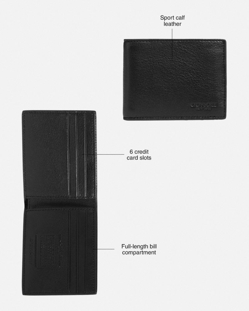 COACH®,Slim Billfold Wallet,Calfskin Leather,Bi Fold,Logo,Casual,Brown,Collection