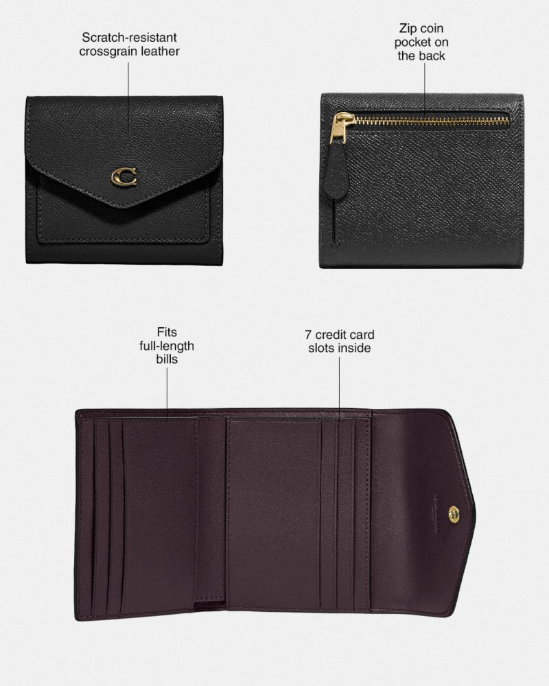 COACH®,Wyn Small Wallet,Leather,Tri Fold,Metal,Logo,Scratch Resistant,Casual,Black,Collection