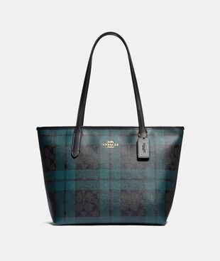 ZIP TOP TOTE IN SIGNATURE CANVAS WITH FIELD PLAID PRINT