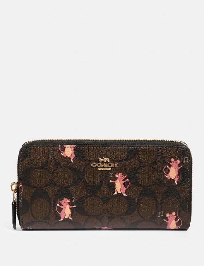 Coach Accordion Zip Wallet in Signature Canvas With Party Mouse Print Im/Brown Pink Multi Women Wallets  