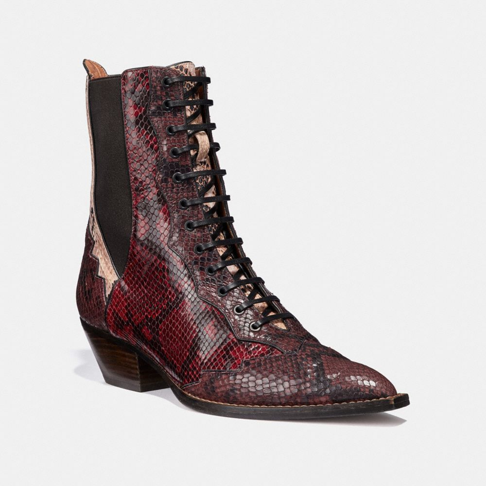 Lace Up Bootie With Patchwork Snake | COACH