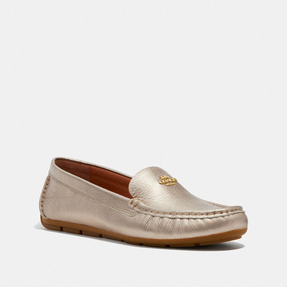 COACH®,Marley Driver,Leather,Metallic,Rubber,Flats,Loafer,Logo,Metal,Flexible,Gold Metal,Day Party,Champagne,Metallic,Front View