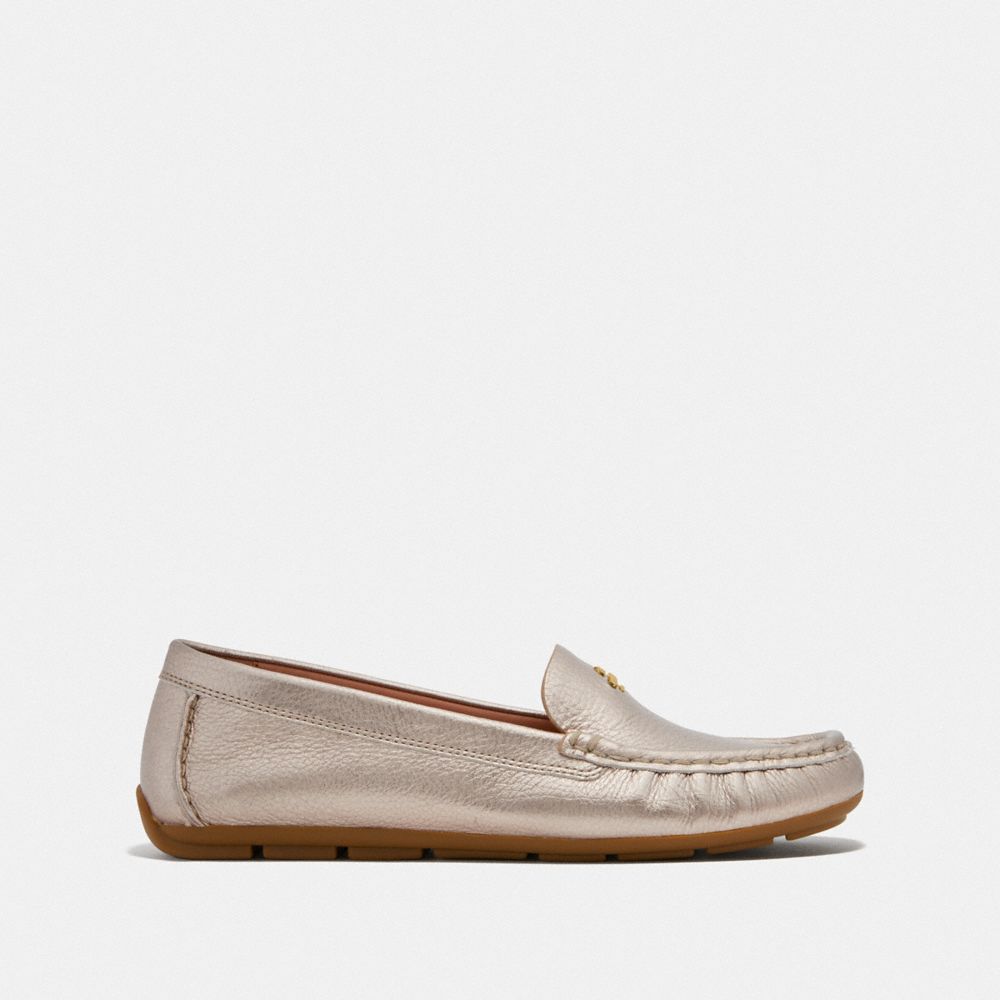 COACH®,Marley Driver,Leather,Metallic,Rubber,Flats,Loafer,Logo,Metal,Flexible,Gold Metal,Day Party,Champagne,Metallic,Angle View