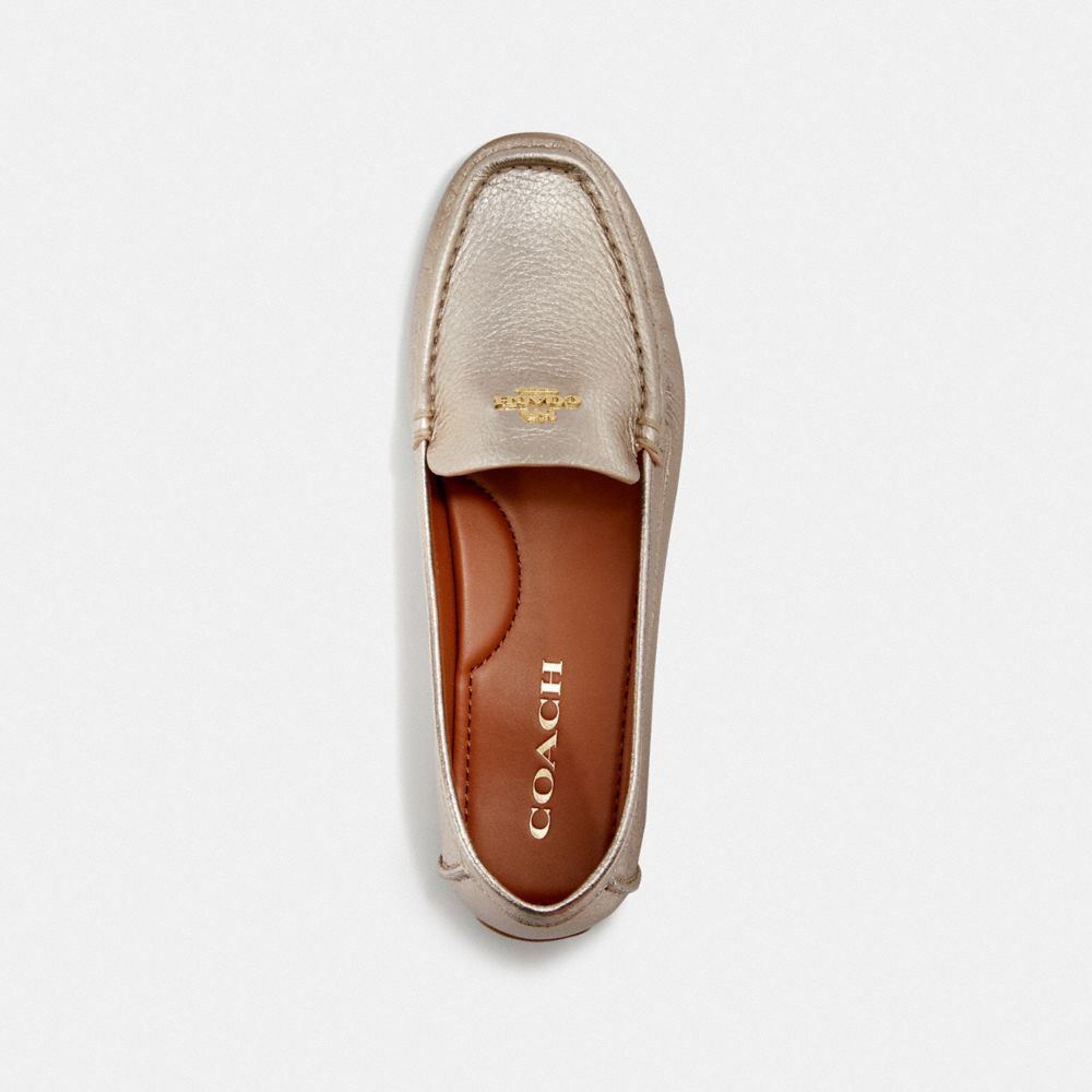 COACH®,Marley Driver,Leather,Metallic,Rubber,Flats,Loafer,Logo,Metal,Flexible,Gold Metal,Day Party,Champagne,Metallic,Inside View,Top View